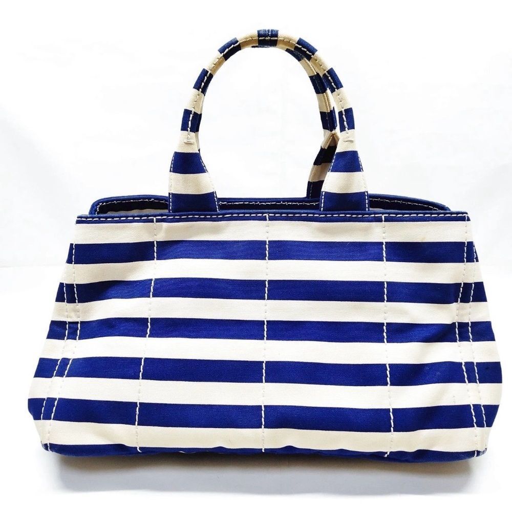 Prada Striped Blue & White Printed Canvas Large Canapa Tote Bag Auth - Picture 2 of 15